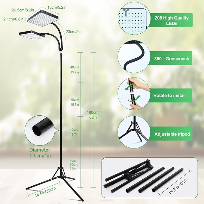 2026 2Head Full Spectrum Grow Light with Stand 50 Watt Bright Grow Lights for Indoor Large Plants Tall Bonsai Tree Auto On/Off Daily Timer(4/8/12/16/20H) Adjustable Stand 24-78