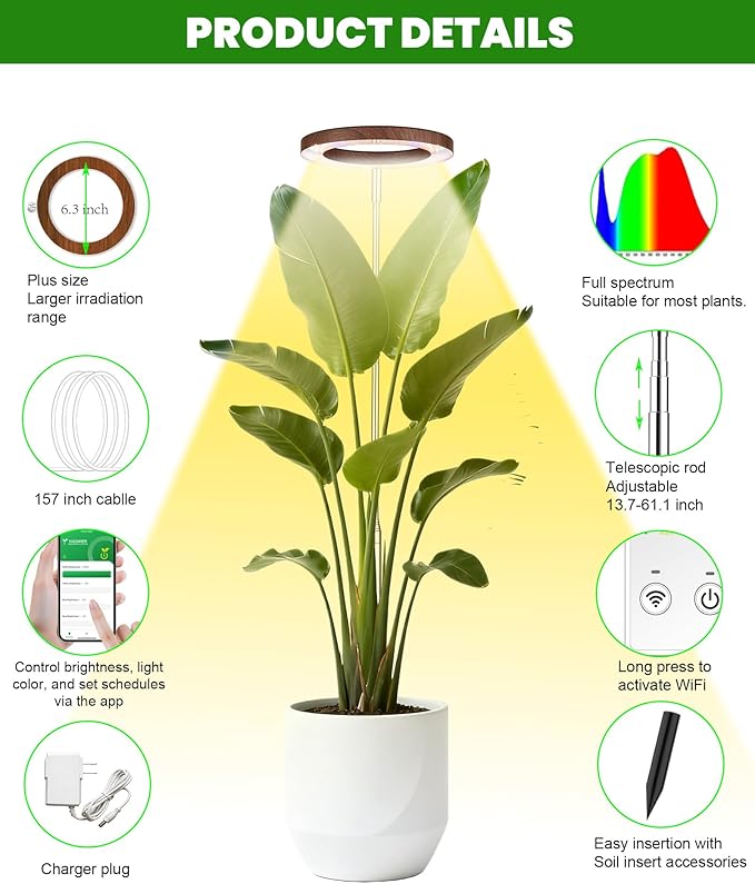 yadoker Plant Grow Light Smart Plant Light Compatible with AlexaGoogle for Indoor PlantsHeight AdjustableCustomized Light BrightnesssMultiple Timers
