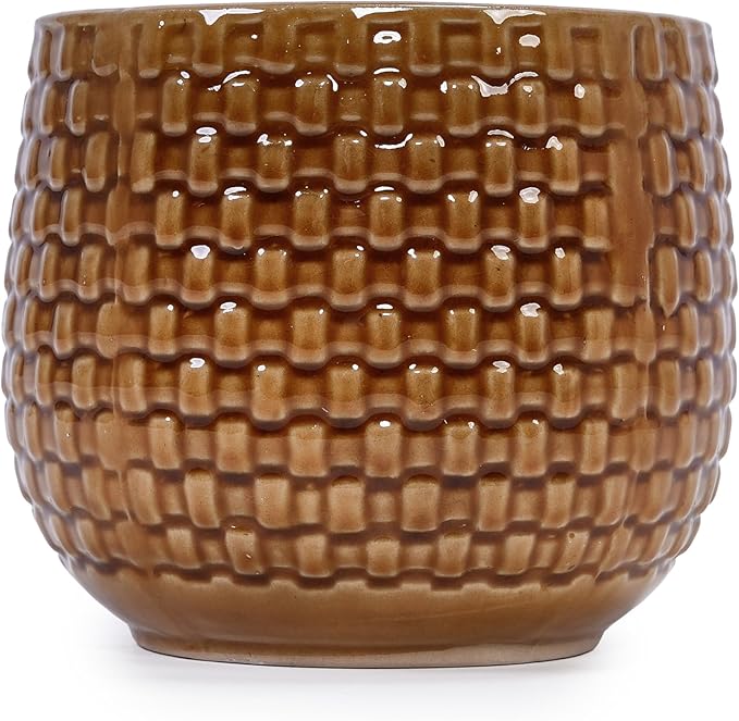 Handmade Glazed Ceramic Planter Set of 3 975 Diameter Diamond Pattern for Succulents Herbs Outdoor G Indoor StaircaseUse Breathable Clay with Drainage Holes Terracotta Brown