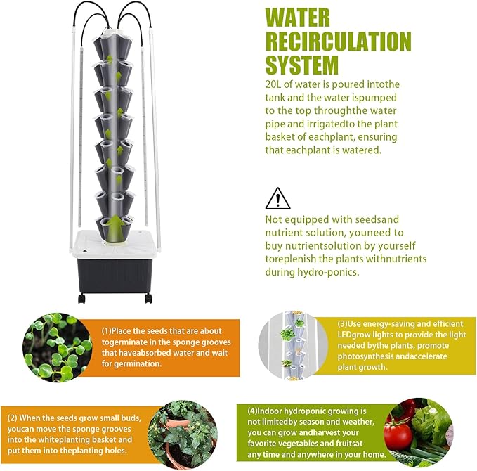 Hydroponics Growing System Tower Kit with Led Light 40pods Vertical Hydroponic Tower 8 Layer Hydroponics Tower Indoor Garden for Herbs Fruits and Vegetables (Black)