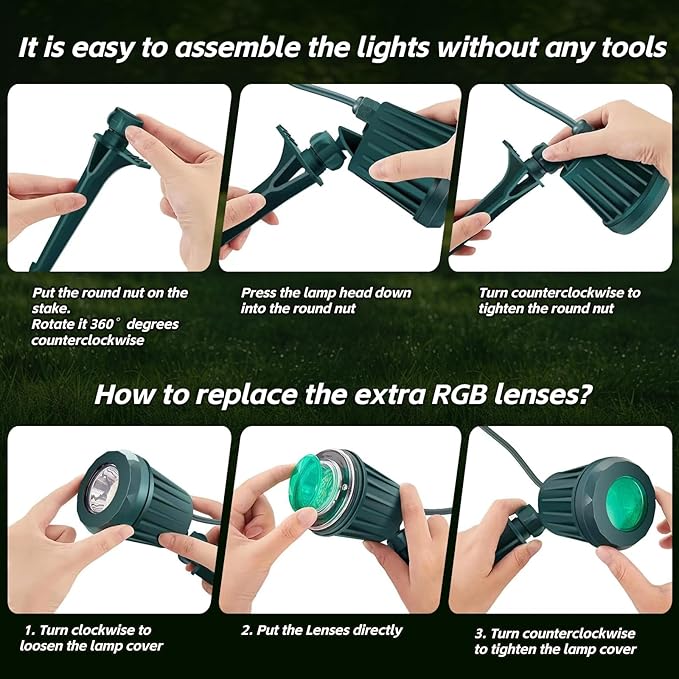 Spotlight Outdoor – 120V Plug-in 2700K Warm White LED Landscape Spot Lights with RGB 3 Lenses for Yard Garden Lawn&ampTree Decor IP67 Waterproof Perfect for Holidays&ampEveryday (4 Pack Green)
