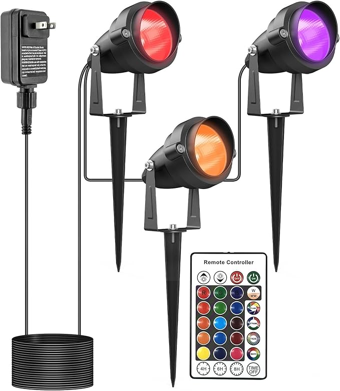Christmas RGB and Warm White Spotlights with Timer 15W Individual Control Halloween Spot Lights Outdoor IP65 Waterproof Landscape Spotlight for Yard Garden 3 Lights