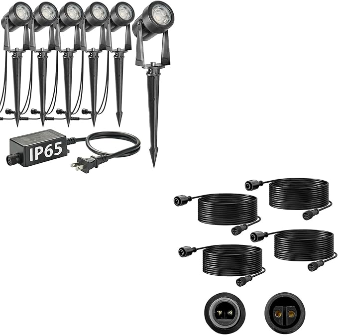 SUNTHIN 6 Pack Warm White Landscape Lighting with 4pcs 6.5FT Extension Cord for Outdoor Extend The Illumination Range