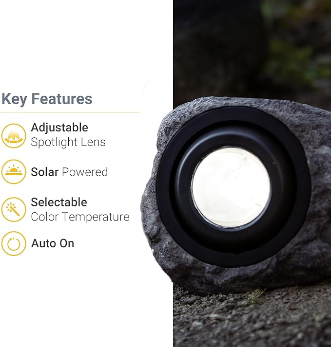 Koda 4-Pack Solar LED Rock Spotlights Adjustable and Weather-Resistant Dual Color Temperature Natural Blend with Outdoor Landscape Safety Night Lighting