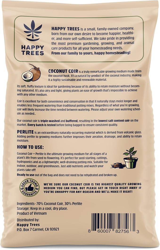 Happy Trees Coco Coir and Perlite 70/30 Growing Medium Potting Mix Seed-Starting Premium Quality Triple-Washed for Low Salt/EC pH Balanced Loose Coconut Fiber Peat-Free 50L (1.8 cu.ft.)