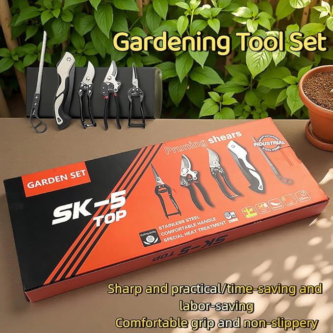 5-Piece Heavy-Duty Carbon Steel Garden Tool Set with Pruning Shears &amp Folding Saw for Gardening &amp Tree Trimming