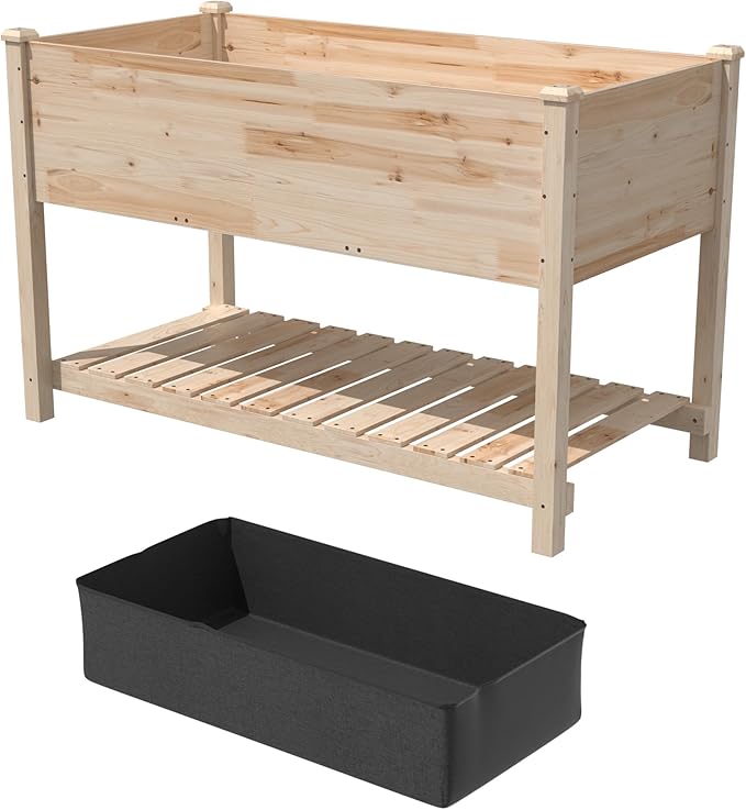 Gotland Raised Garden Bed with Legs Raised Beds for Gardening with Storage Shelf Bed Liner Drainage Holes Wooden Planter Raised Beds Raised Planter Box for Backyard Patio Balcony Natural