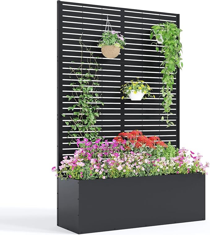 Garvee Metal Raised Garden Bed with Trellis 71x47x16 Metal Planter Box with Trellis Privacy Screen for Climbing Plants Vegetable Vines Drainage Holes 15.8 Deep Planting Bed Black