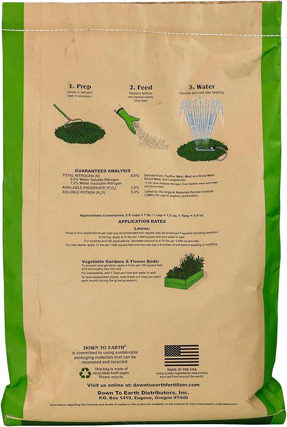 Down To Earth All Natural Fertilizers Organic Bio-Turf Lawn Food for Grass Landscape and Ornamentals - Works with Lawn Spreaders 8-3-5 25 Lb