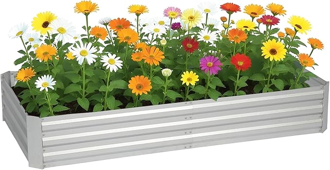 PayLessHere Galvanized Garden Bed 8x4x1FT Outdoor Raised Garden Bed for Vegetables Flowers and Herbs Planter Boxes Large Galvanized Steel Raised Bed Kit with Metal Pole Reinforcement Silver