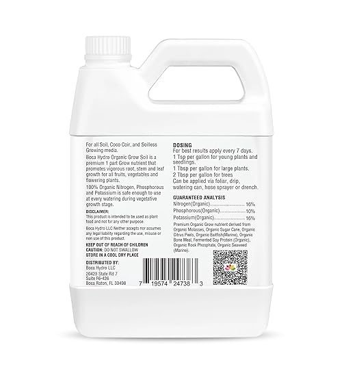 Grow Soil Organic Liquid Plant Food 16-10-16 NPK Base Grow Fertilizer with Amino Acids &amp Micronutrients Complete Organic Nutrition for Strong Vegetative Growth and Healthy Roots