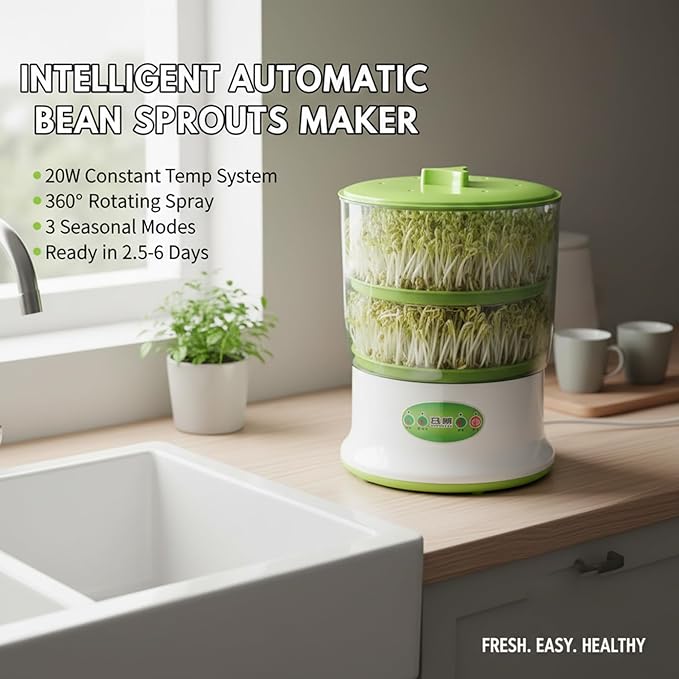 Seed Sprouting Kit 2-Tier Large Capacity Bean Sprouts Grow Kit with 360° Spray and 3 Modes Indoor Gardening Seed Sprouter Tray Green