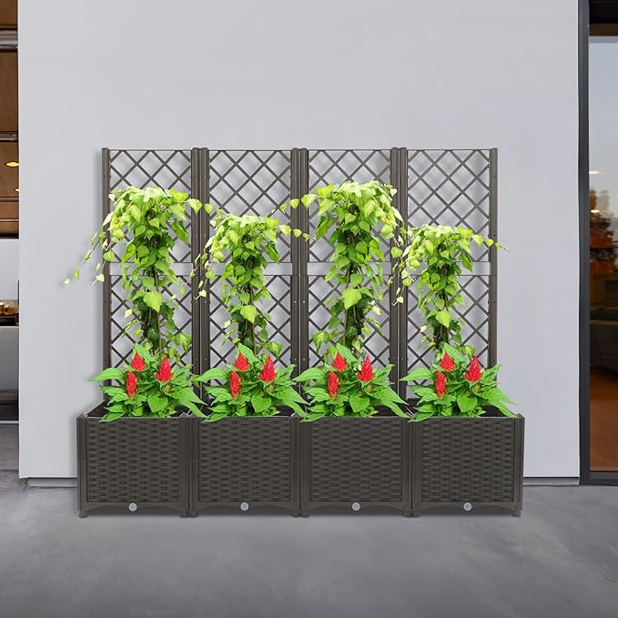 4pcs Planter Box with Trellis Privacy Screen 56H Plastic Raised Garden Bed with Trellis Outdoor Flower Standing Planter with Drainage Hole Privacy Garden Box for Climbing Plants (Dark Brown)