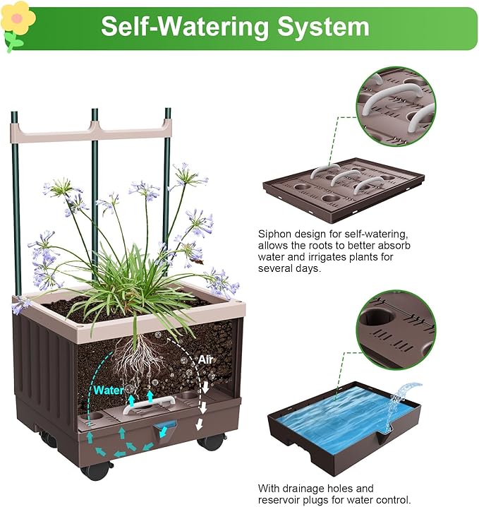 Raised Garden Bed Planter Boxes with Trellis61.4 Self-Watering Trellis with Planter Box for Climbing Plants Flowers Vegetables with WheelsUse for Indoor Outdoor