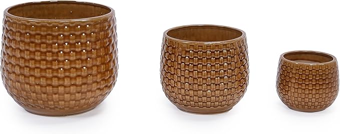 Handmade Glazed Ceramic Planter Set of 3 975 Diameter Diamond Pattern for Succulents Herbs Outdoor G Indoor StaircaseUse Breathable Clay with Drainage Holes Terracotta Brown