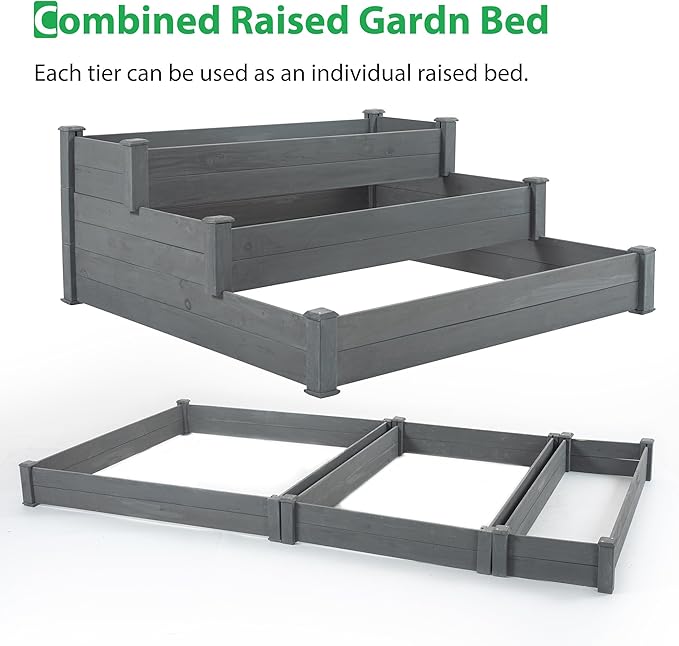 Planter Box Raised Garden Beds Outdoor with 3 Growth Areas Separator Elevated Flower Box Fir Wood Vegetables Growing Planter for Backyard 48.6x48.6x21 Aqua Grey As Shown