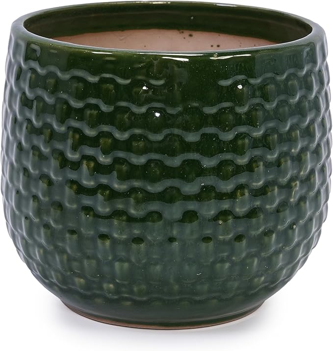 Handmade Glazed Ceramic Planter Set of 3 975 Inch Diameter Dark Green Solid Glossy for Succulents Herbs Outdoor Patio Indoor Staircase Use Breathable Clay with Drainage Holes