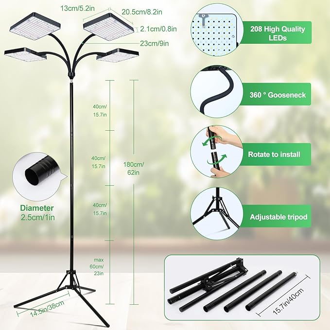 2026 4Head Full Spectrum Grow Light with Stand 100 Watt Bright Grow Lights for Indoor Large Plants Tall Bonsai Tree Auto On/Off Daily Timer(4/8/12/16/20H) Adjustable Stand 24-78