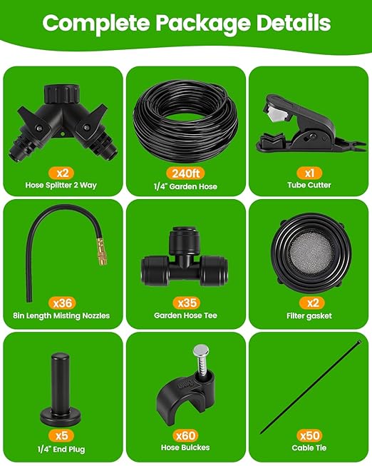 240FT Drip Irrigation System for Garden with 36 Nozzles –360° Adjustable Misting Nozzles Quick-Connect Design Ideal for Raised Beds Lawns Greenhouses &amp Outdoor Cooling
