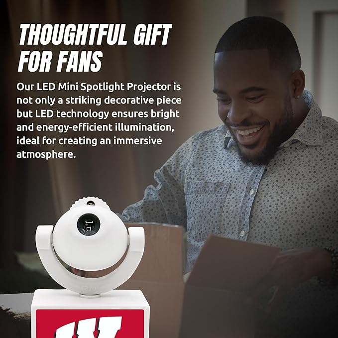 Sporticulture NCAA American Football Wisconsin - Adjustable Led Mini Spotlight Projector with 6 Team Logo Designs - Portable &amp Rechargeable Spotlight - Battery-Operated - 4.375” x 3.125”