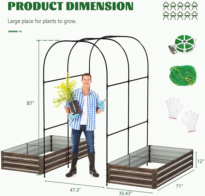3 in 1 Galvanized Raised Garden Bed with 87 H Arch Trellis for Climbing Plants Outdoor Gardening Planter Box with Climbing Net for Flower Vegetables Fruits Herbs Wood Grain