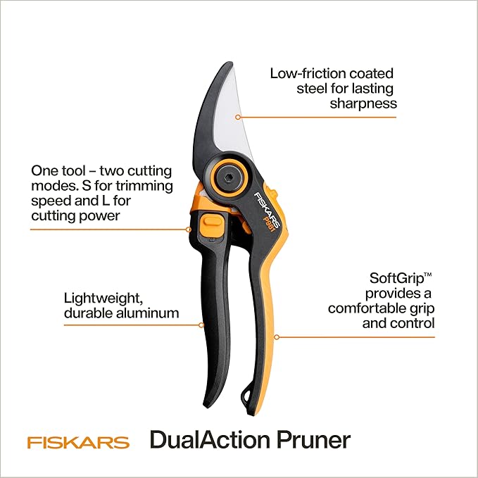 Fiskars DualAction Pruner – Hand Pruner with Two Cutting Modes Bypass Garden Pruner for Stems and Branches up to 1 Low-Friction Steel Blade FiberComp Frame