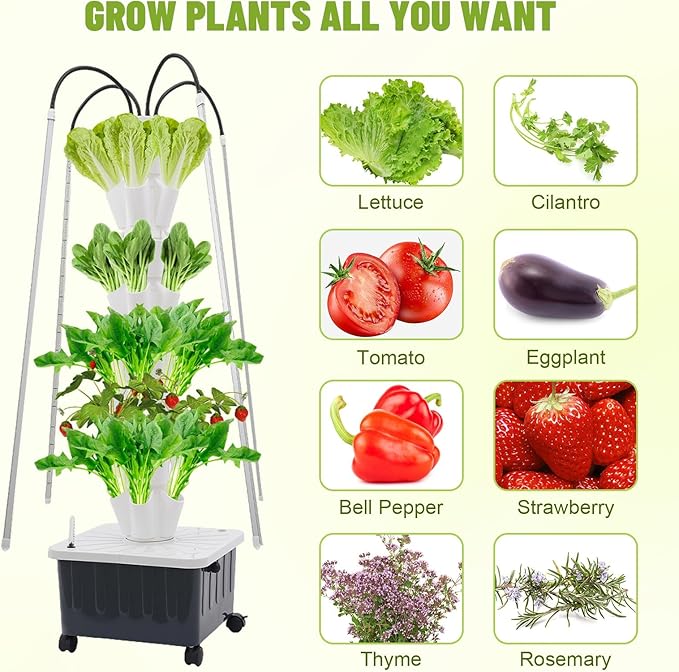 8 Tiers 40-Plant Hydroponic Growing Tower with LED Grow Light Indoor Garden Planter with Wheels &amp Timed Plug Vertical Smart Herb Garden for Fruits Vegetables Herbs