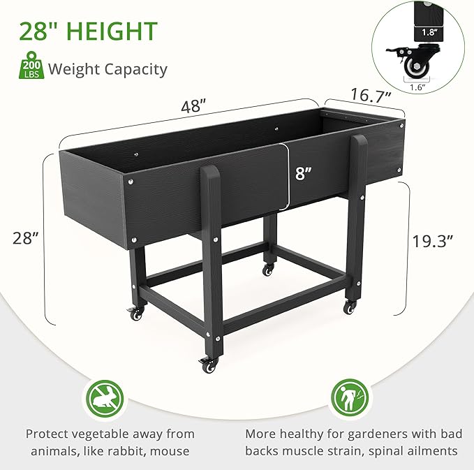 LUE BONA Raised Garden Bed with Wheels 48 * 16.7 * 28 in Poly Elevated Outdoor Planter Box with Tools Weather Resistant Standing Growing Bed Herb Planter for Vegetable Flowers Fruits
