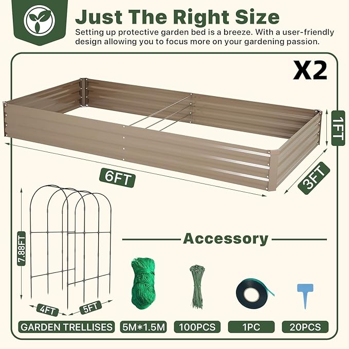 DTIG Galvanized Raised Garden Bed with Trellis 6×3×1 FT 2 Pack Outdoor Garden Bed Upgraded 4×3 Support Brown