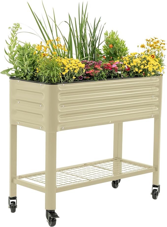 Rolling Elevated Raised Garden Bed - Slim Series 1.5' x 3.5' Outdoor Planters Boxes with Legs &amp Storage Rack for Patio 500 Lbs Weight Capacity Raised Beds for Gardening Herbs Flowers Pearl Whi