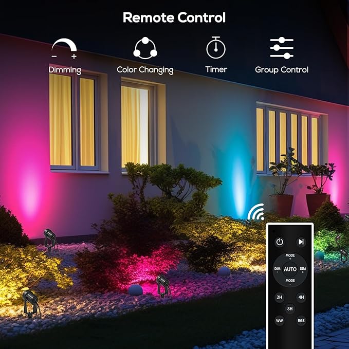 SUNTHIN 4 Pack RGB Color Changing Spot Uplights with Remote &amp 9.8FT T Shape Tee Extension Cord