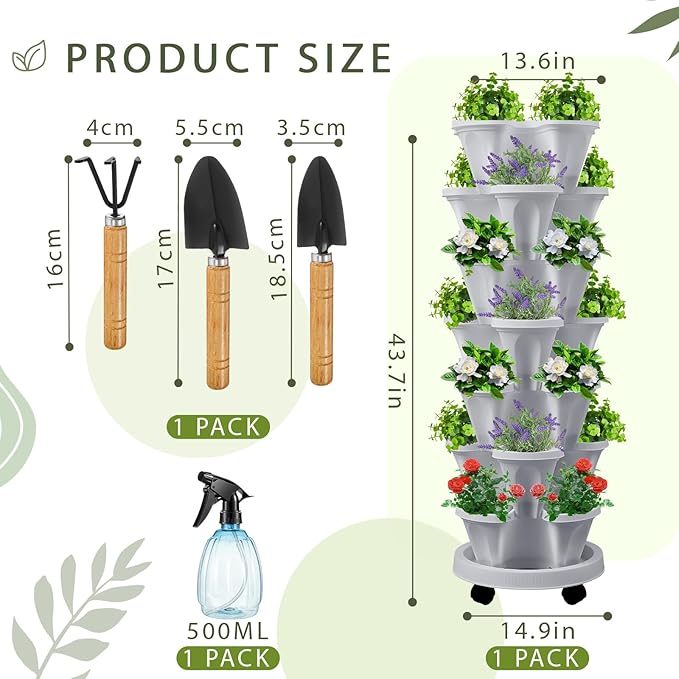 Umigy 1 Set Light Gray 7 Tier Vertical Planter Stackable Tower Planters Strawberry Herb Flower and Vegetable Pots Indoor Outdoor Gardening Pots with Removable Wheels and Tools
