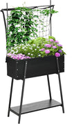 Raised Garden Bed with Trellis Storage Shelf Elevated Planter Box with Metal Legs Bed Liner and Drainage Holes for Vegetable Vines Climbing Plants Flowers Black