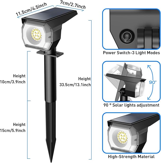 EIUIO Solar Outdoor Lights 3 Lighting Modes Solar Spot Lights Outdoor with Auto On/Off IP65 Waterproof Landscape Lighting for Garden Yard Pathway