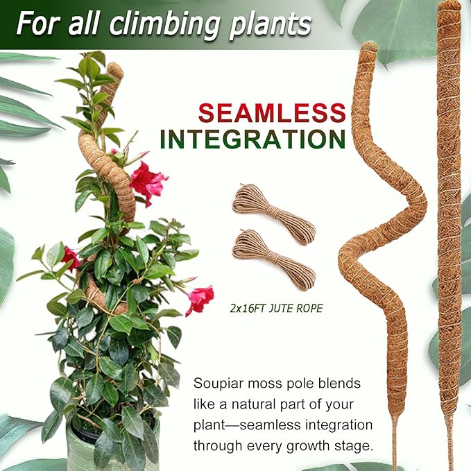 Soupiar 2 Pack 60'' Bendable Moss Pole for Monstera &amp Pothos - Tall Handmade Coco Coir Plant Support Stakes for Large Climbing Indoor Plants Potted Houseplant Trellis Accessories