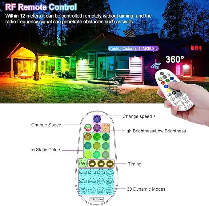 CLY Solar 6 in 1 RGB Spotlights Outdoor Garden 10 Colors 12 Modes Solar Garden Floodlight Landscape Spotlights IP66 Waterproof 59.06ft Cable Spike Light for Lawn Patio Balcony