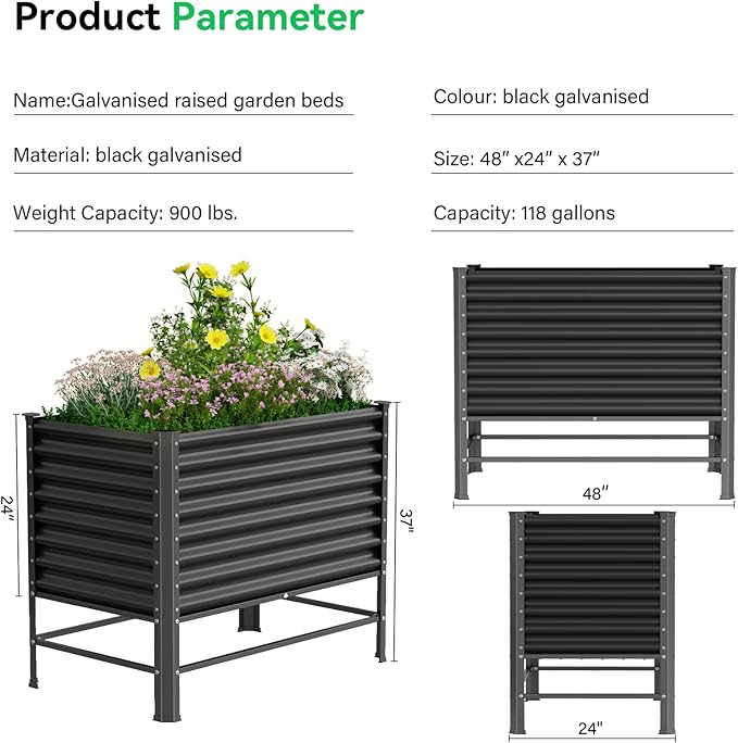 Galvanized Raised Garden Bed with Legs48×24×37in Large Metal Elevated Raised Planter Box Raised Garden Bed900lb Capacity with Drainage Holes for Vegetables Lawn Green Flowers Fruits Terrace(2PCS)