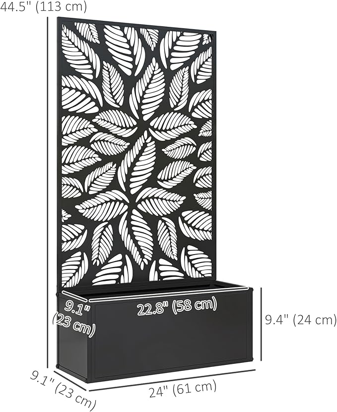Outsunny Metal Raised Garden Bed with Trellis for Climbing Plants Freestanding or Wall Mounted Flower Bed with Privacy Panel Small Leaves Cut-Outs Outdoor Planter Box for Garden Patio Balcony