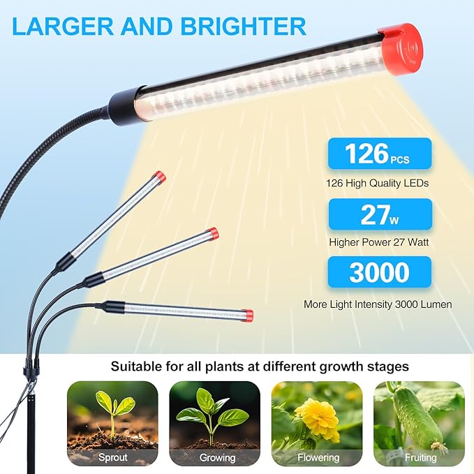 3-Head Grow Light with Stand and Timer 27 Watt Power Home Plug LED Grow Lights for Indoor Plants for Tall Houseplants Bonsai Tree Seed Starting 24-64 Adjustable Height