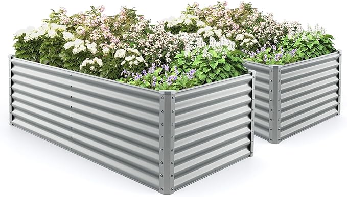 2 Pieces Raised Garden Beds Metal Garden Planter with Open Bottom Sprayed Plate &amp Thickened Corner Protectors Outdoor Planter Box for Vegetables Flowers &amp Herbs (Gray)