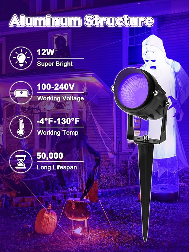 Outdoor Black Light Halloween Spotlight 12W Purple Spotlights LED Blacklight Waterproof Spot Landscape Lights with US Plug for Glow Party Poster Bar Yard Garden Gyms Decor (2Pack)