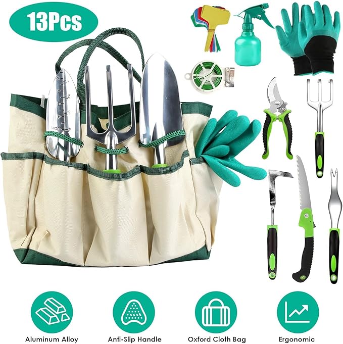 Heavy Duty Aluminum Alloy Garden Tools Set - 13Pcs Rustproof Gardening Hand Kit with Ergonomic Handle Includes Storage Tote Bag Pruning Shears Trowel for Outdoor Planting