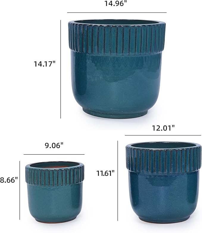 Handmade Glazed Ceramic Planter Set of 3 15129 Inch Diameter Ribbed Pattern for Monstera and Fiddle Leaf Fig Outdoor G Indoor Staircase Use Breathable Clay Teal