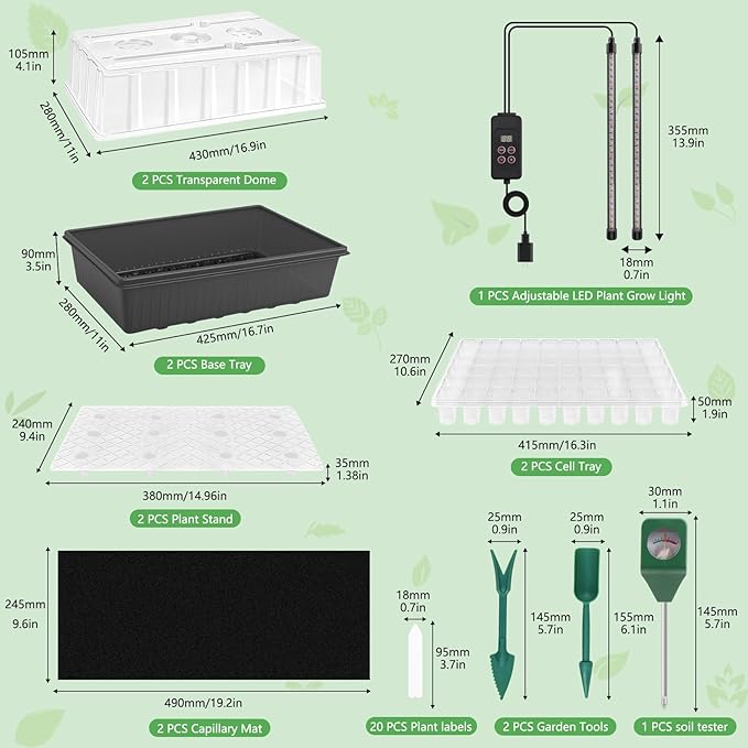 Indoor Seed Starting Kit with 60-Cell Self-Watering Tray LED Grow Light Timer Humidity Dome pH Meter for Plant Germination Vegetables Herbs Flowers