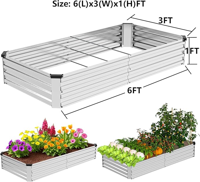 2 Pack 6x3x1FT Galvanized Metal Raised Garden Bed Kit for Vegetables Herbs Open-Bottom Large Capacity Outdoor Planter Box Gardening Stakes Silver
