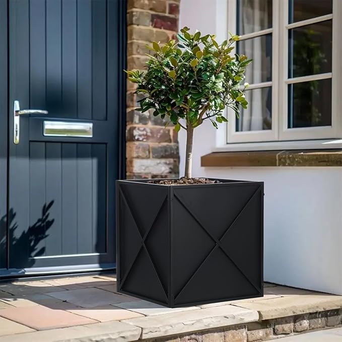 SUNNYPARK Large Metal Planter Box 17”x 17”x 18” Square Modern Black Metal Planter Box Heavy Duty with Drainage Holes for Outdoor Garden Patio