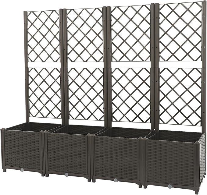 Garden Planter Box with Trellis 4 Pcs Raised Garden Beds 56 Vertical Planter Box with Privacy Screen for Climbing Plants Flowers Vegetables Metal Trellis for Patio Balcony Backyard (Brown)