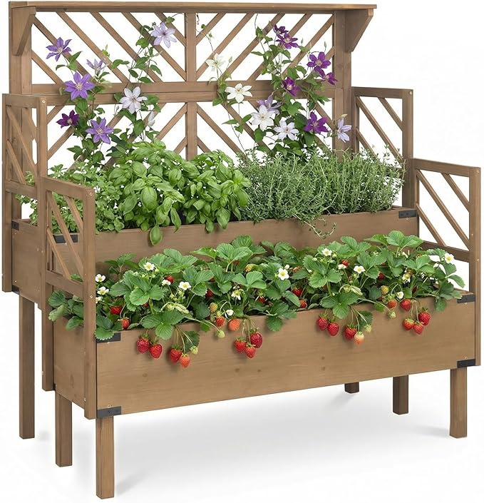 PetsCosset Raised Garden Bed with Trellis 2-Tier Elevated Planter Box with Legs &amp Top Shelf Liner Metal Corners Wooden Garden Beds for for Climbing Plants Flower Vegetables Herbs