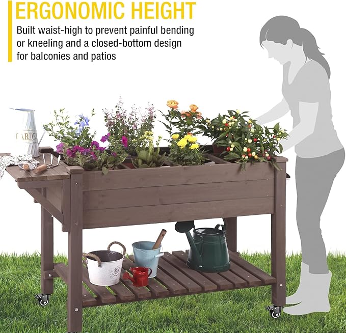 Aivituvin Raised Garden Bed on Wheels Elevated Plant Boxes Outdoor Large with Grow Grid - with Large Storage Shelf 52.7 x 22 x 30