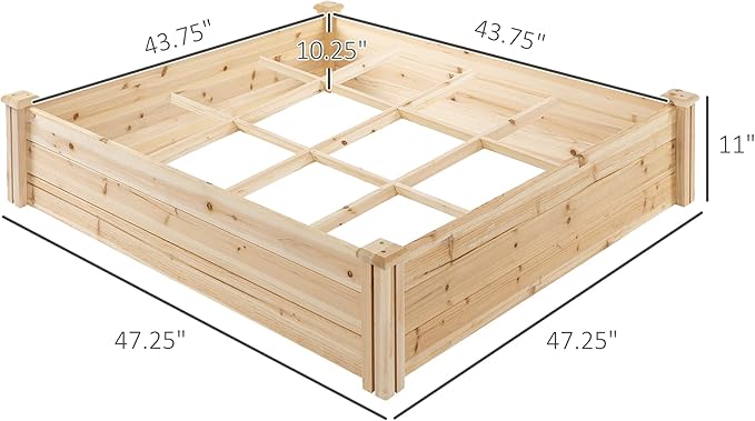 Raised Garden Bed Kit 4' x 4' Outdoor Wooden Planter Box with 9 Growing Grids for Plants and Herbs